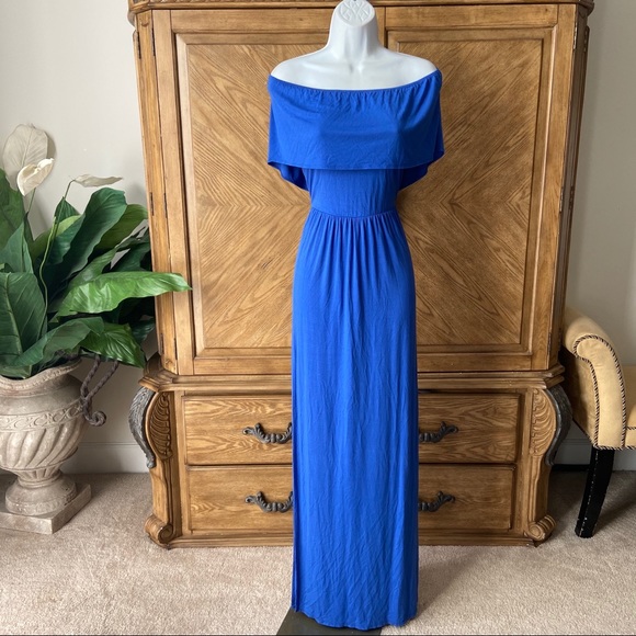 GS Love Blue Off Shoulder High Split Maxi Dress - Picture 1 of 7